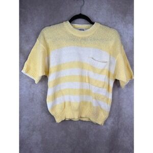 NWT VTG 80/90s HERE'S A HUG Striped Knit Sweater Yellow White Short‎ Sleeve Med